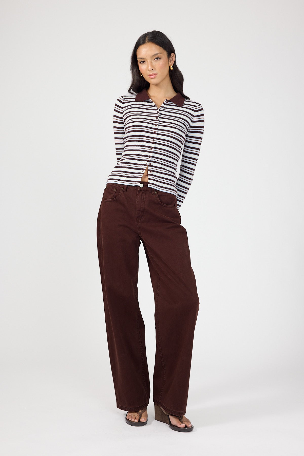 Perfect Stranger Bettina Knit Long Sleeve Polo Brown Stripe