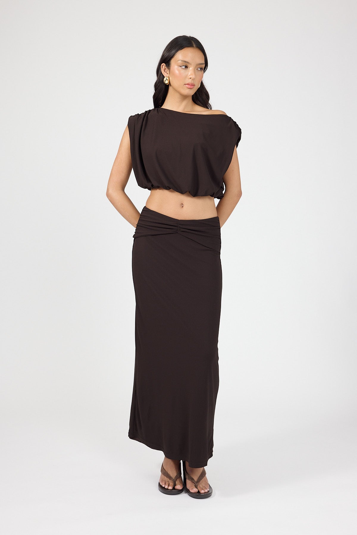 Perfect Stranger Ariana Off Shoulder Pleated Top Brown