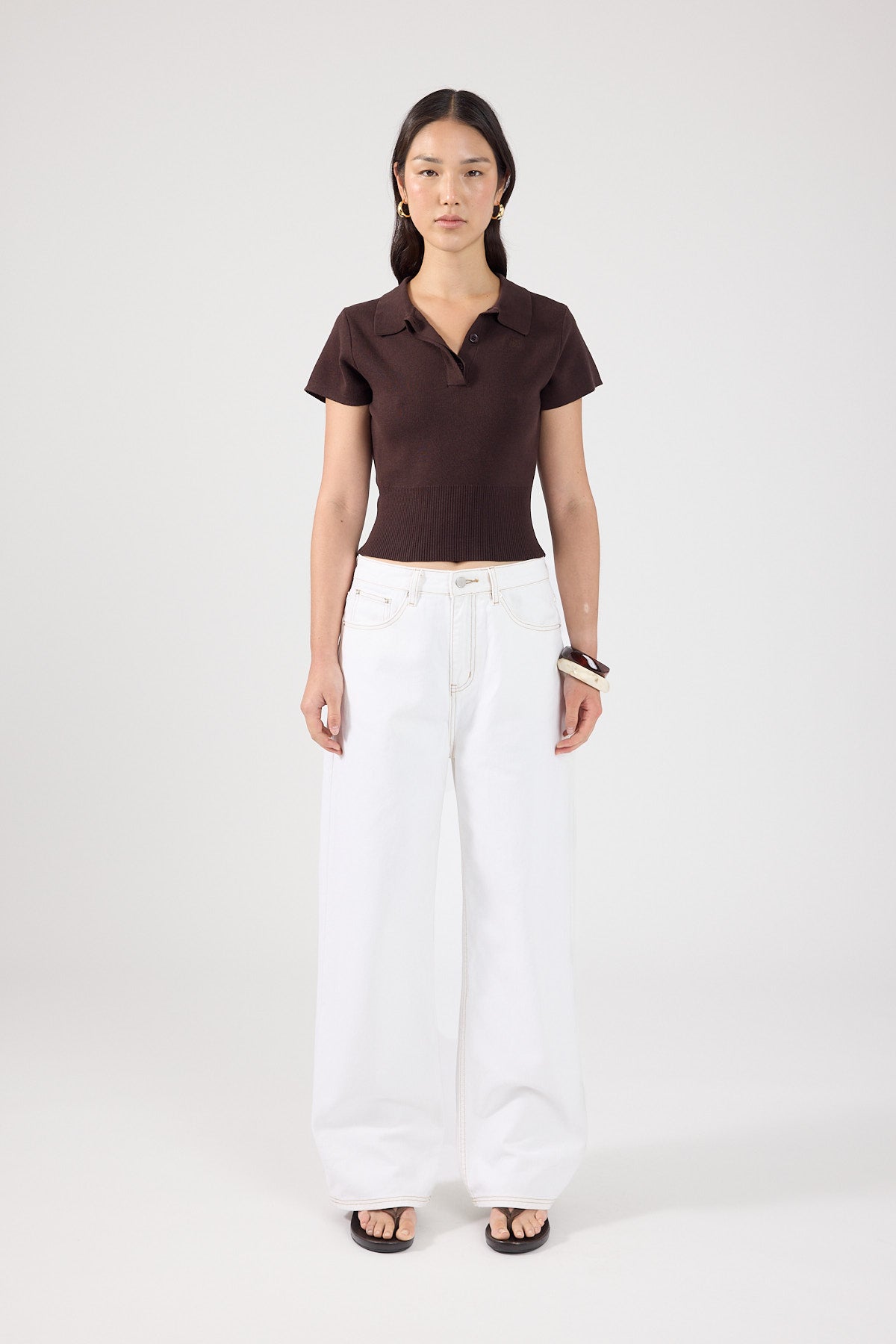 Perfect Stranger Tucker Knit Polo Top Brown