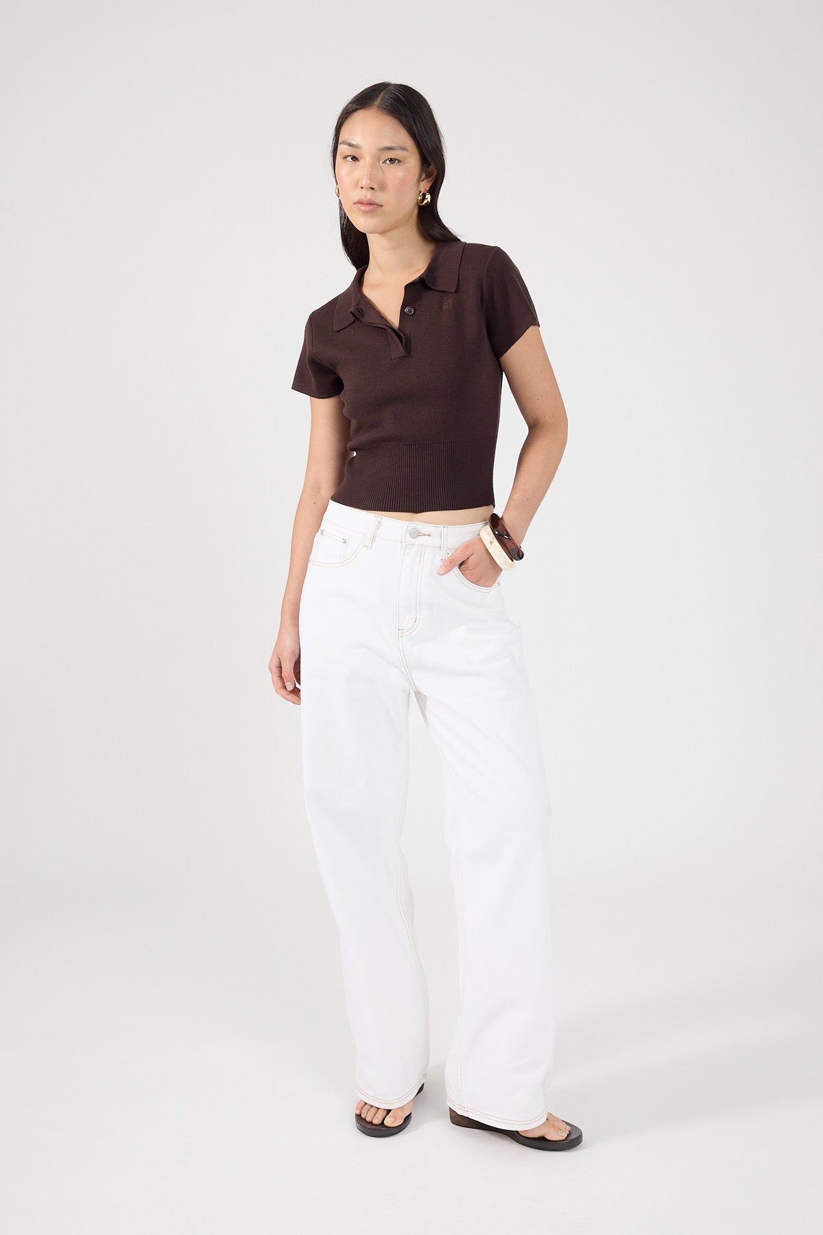 Perfect Stranger Tucker Knit Polo Top Brown