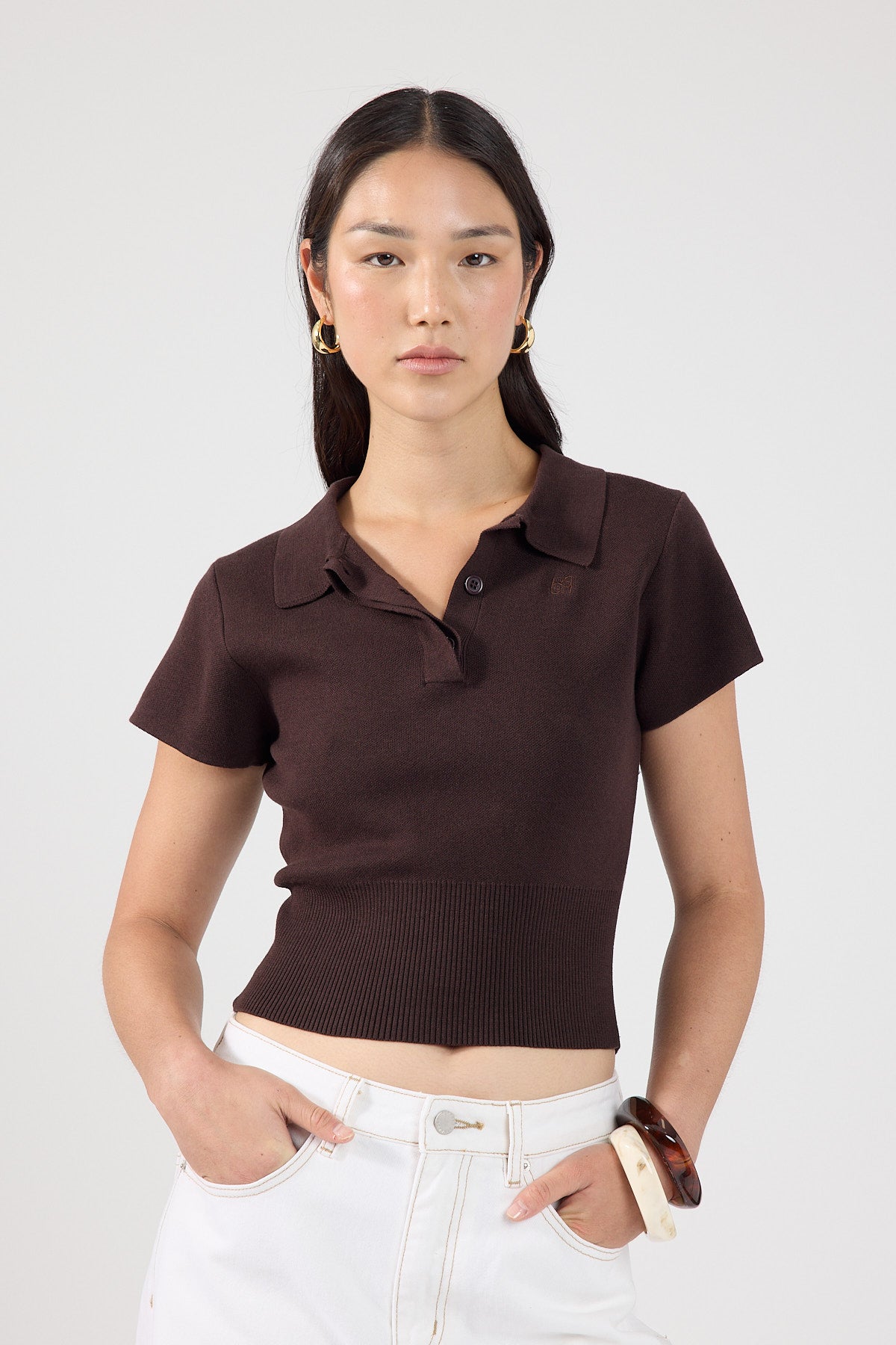 Perfect Stranger Tucker Knit Polo Top Brown