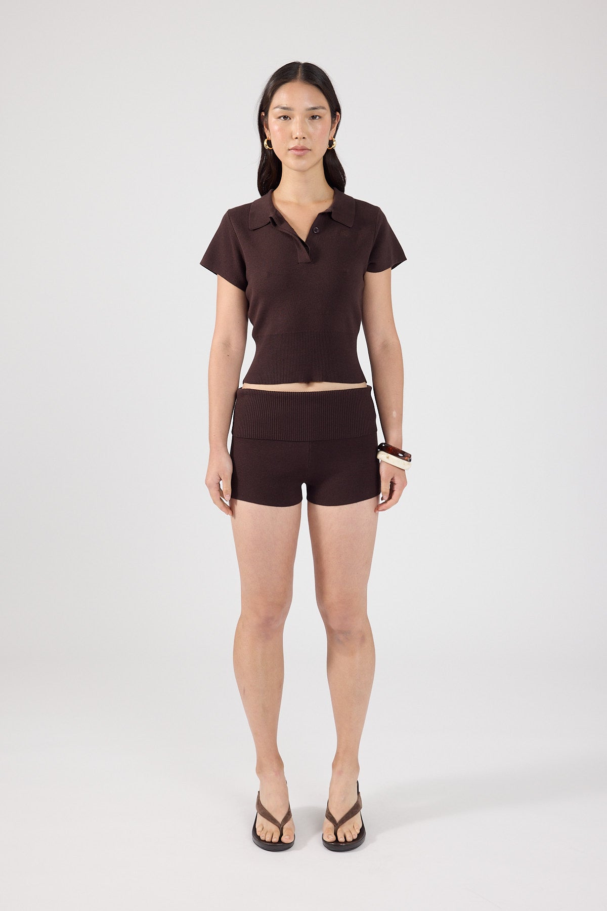 Perfect Stranger Tucker Knit Polo Top Brown