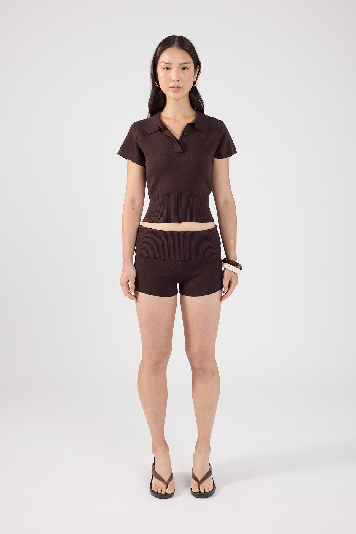Perfect Stranger Tucker Knit Mini Shorts Brown