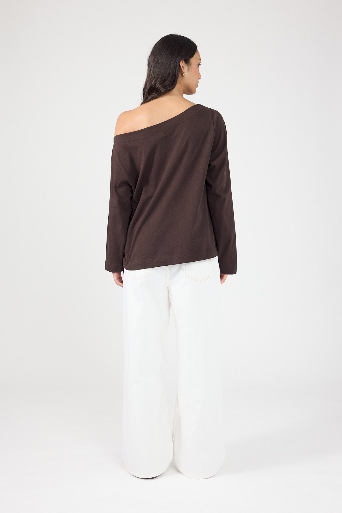 Perfect Stranger Oversized Boat Neck Long Sleeve T-shirt Brown