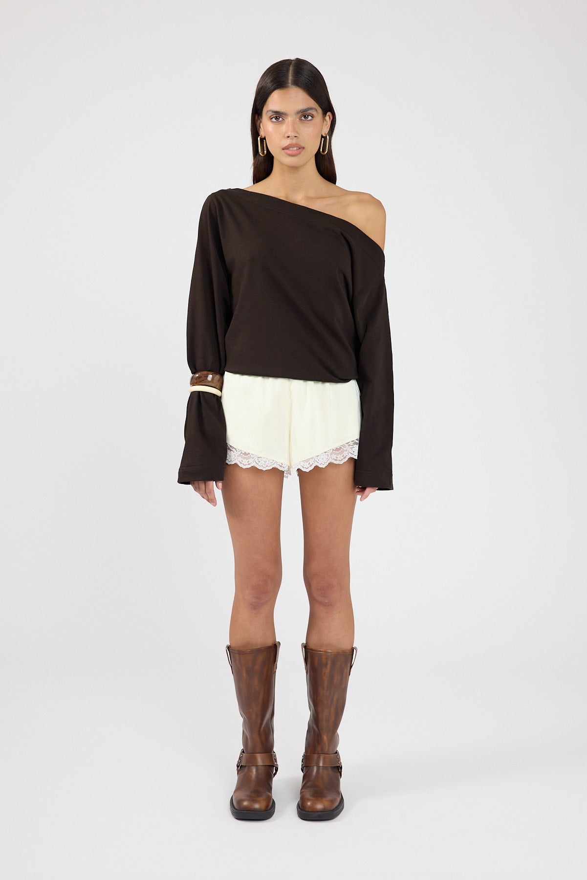 Perfect Stranger Oversized Boat Neck Long Sleeve T-shirt Brown