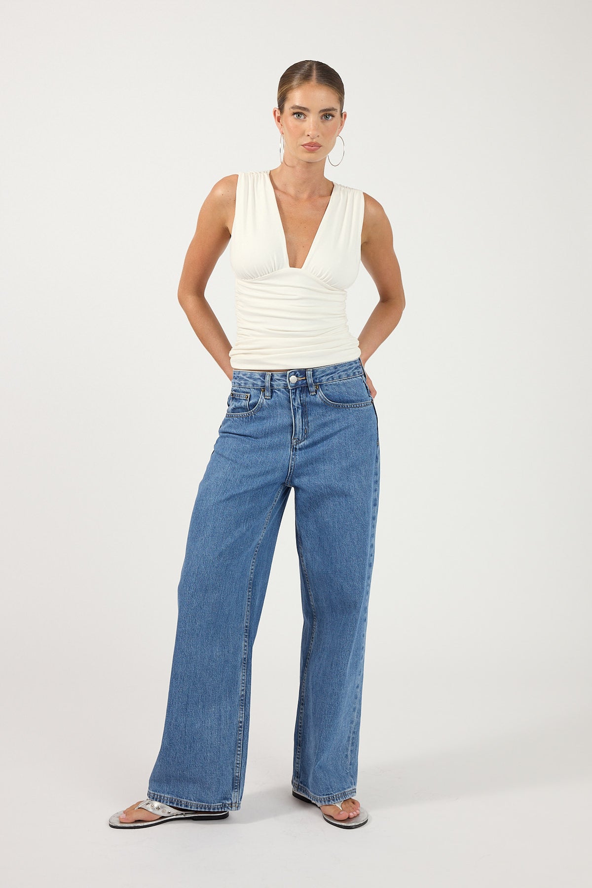 Perfect Stranger Petite Mid Rise Baggy Jean Mid Blue Denim