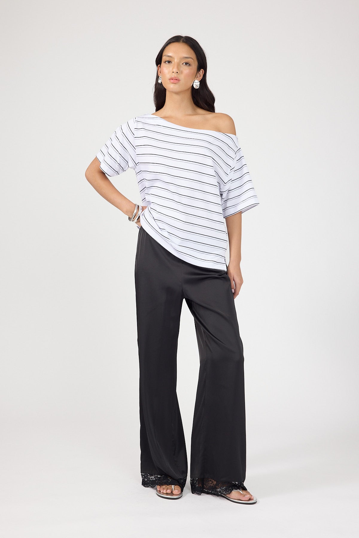 Perfect Stranger Oversized Boat Neck Tee Black Stripe