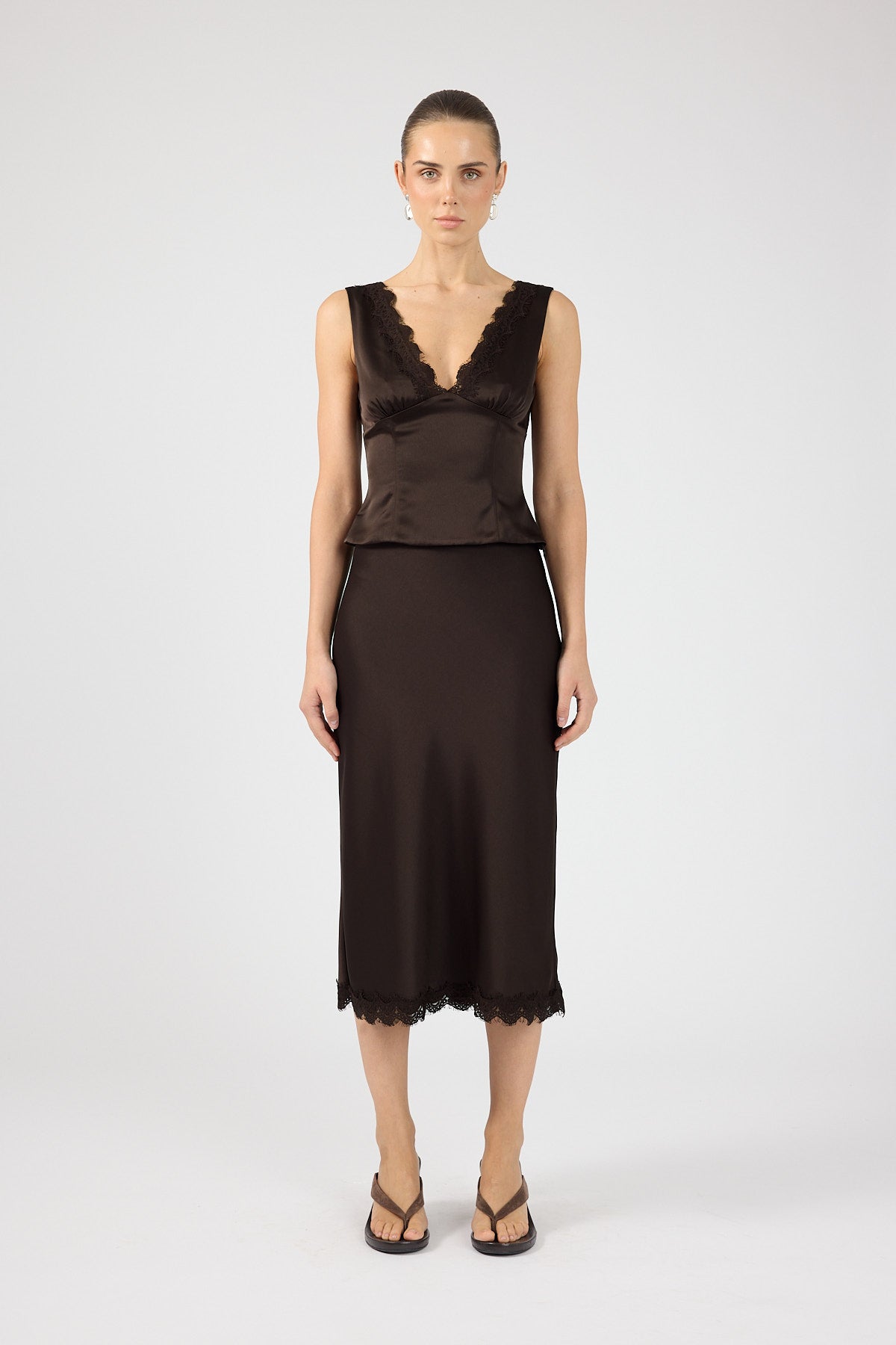 Perfect Stranger Evoke Satin Lace Top Brown