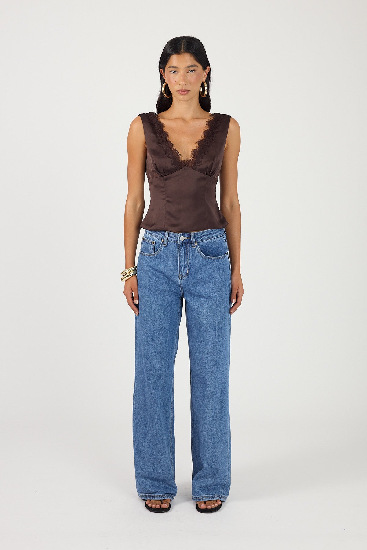 Perfect Stranger Evoke Satin Lace Top Brown