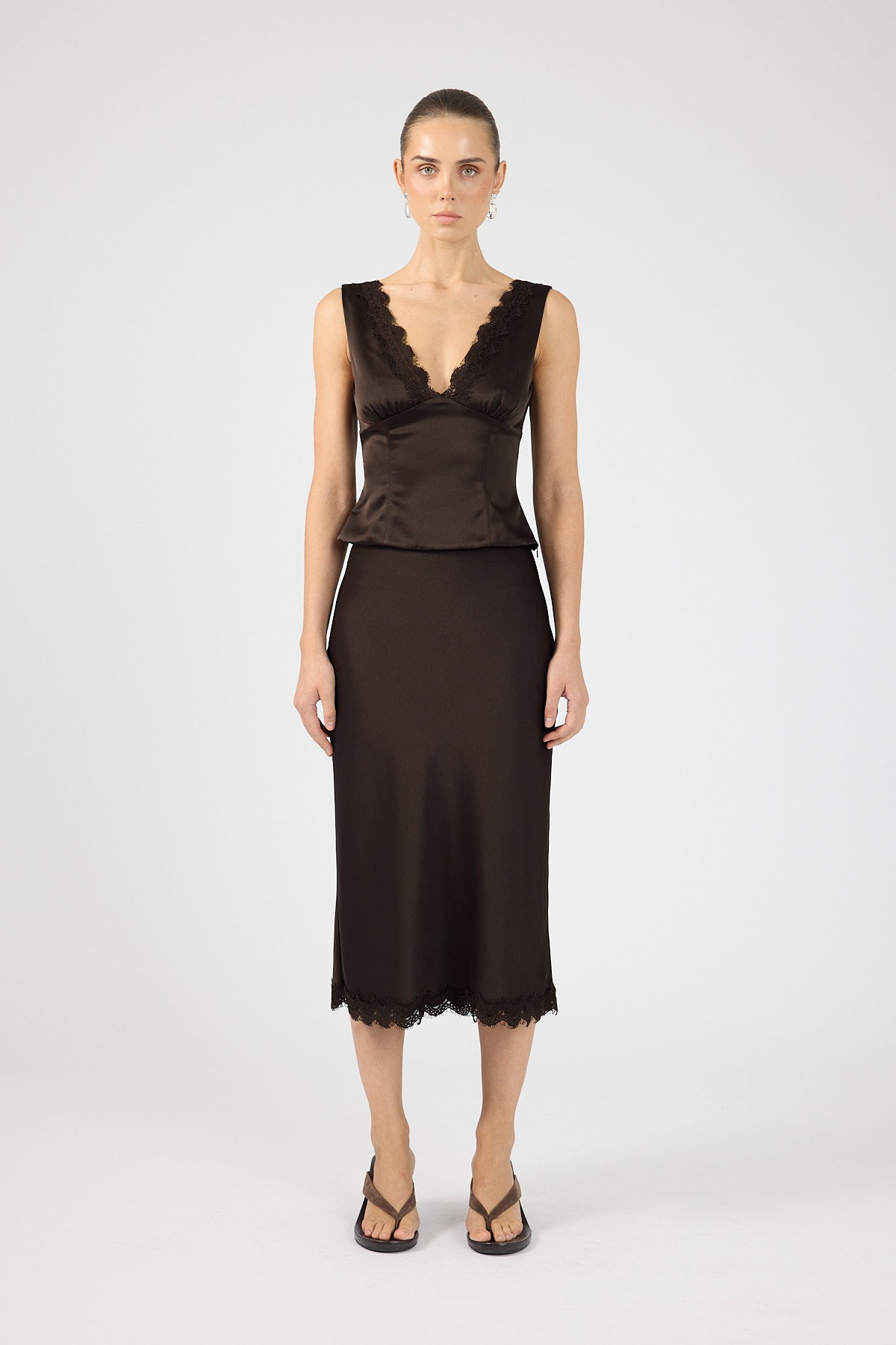 Perfect Stranger Evoke Satin Lace Midi Skirt Brown