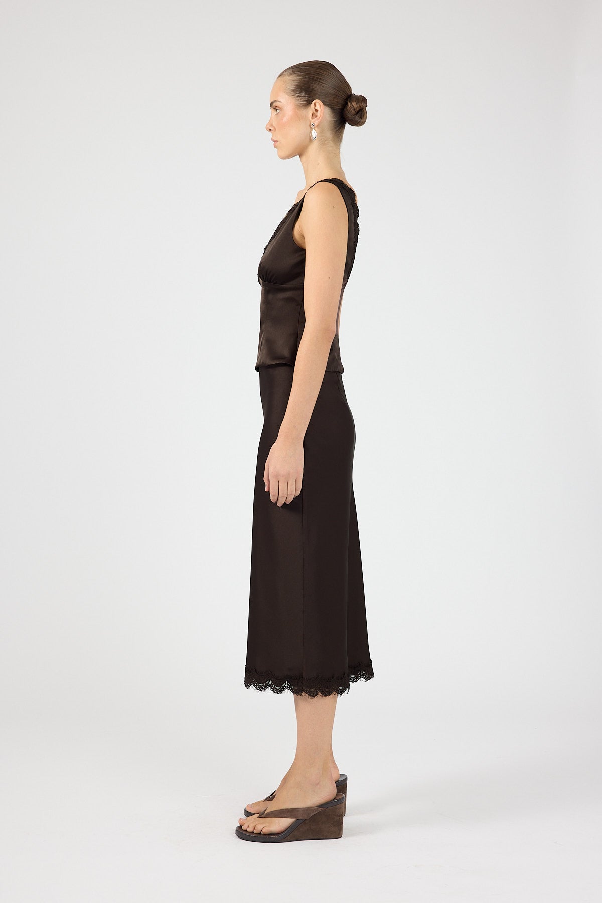 Perfect Stranger Evoke Satin Lace Midi Skirt Brown