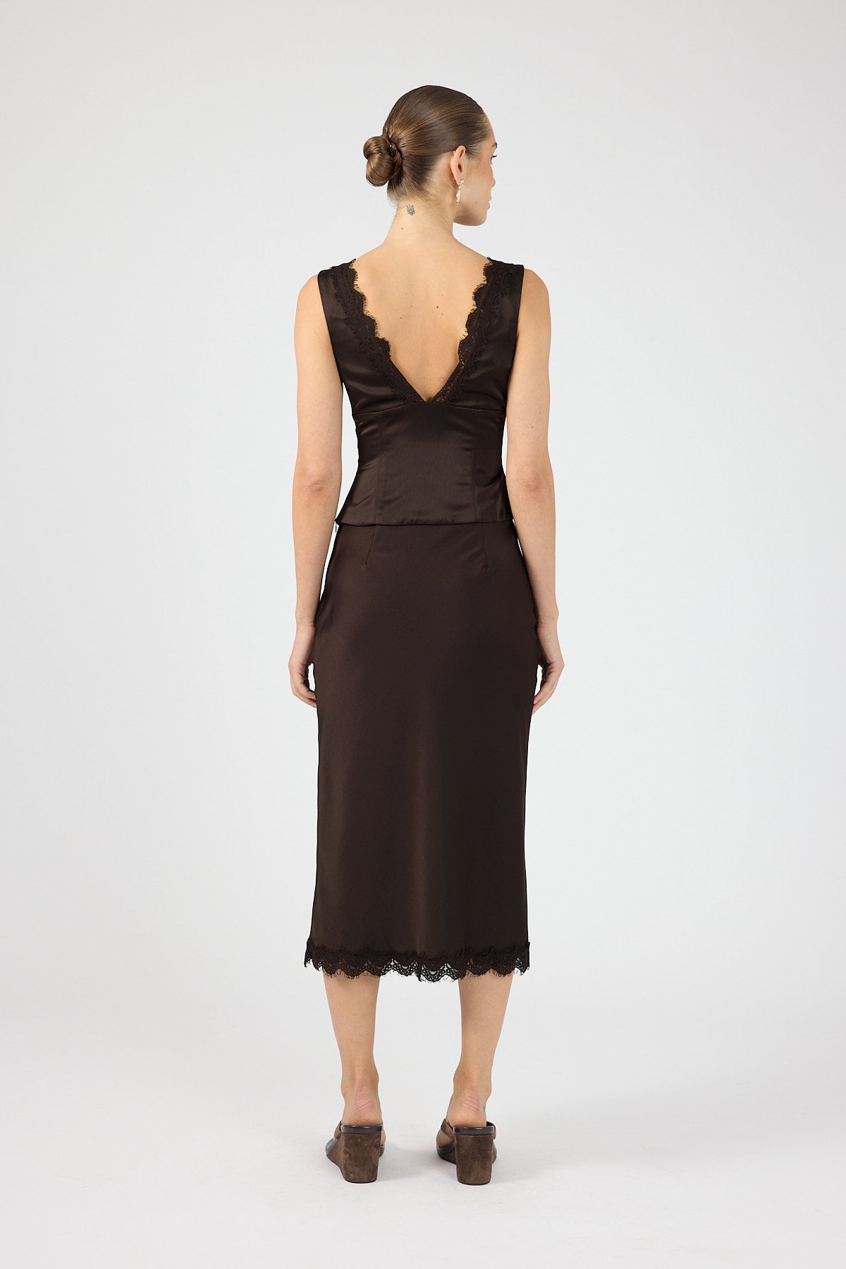 Perfect Stranger Evoke Satin Lace Midi Skirt Brown