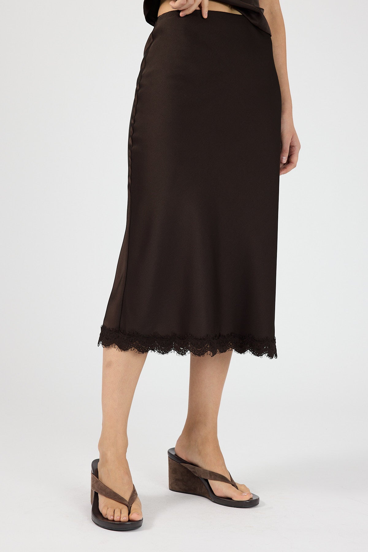 Perfect Stranger Evoke Satin Lace Midi Skirt Brown