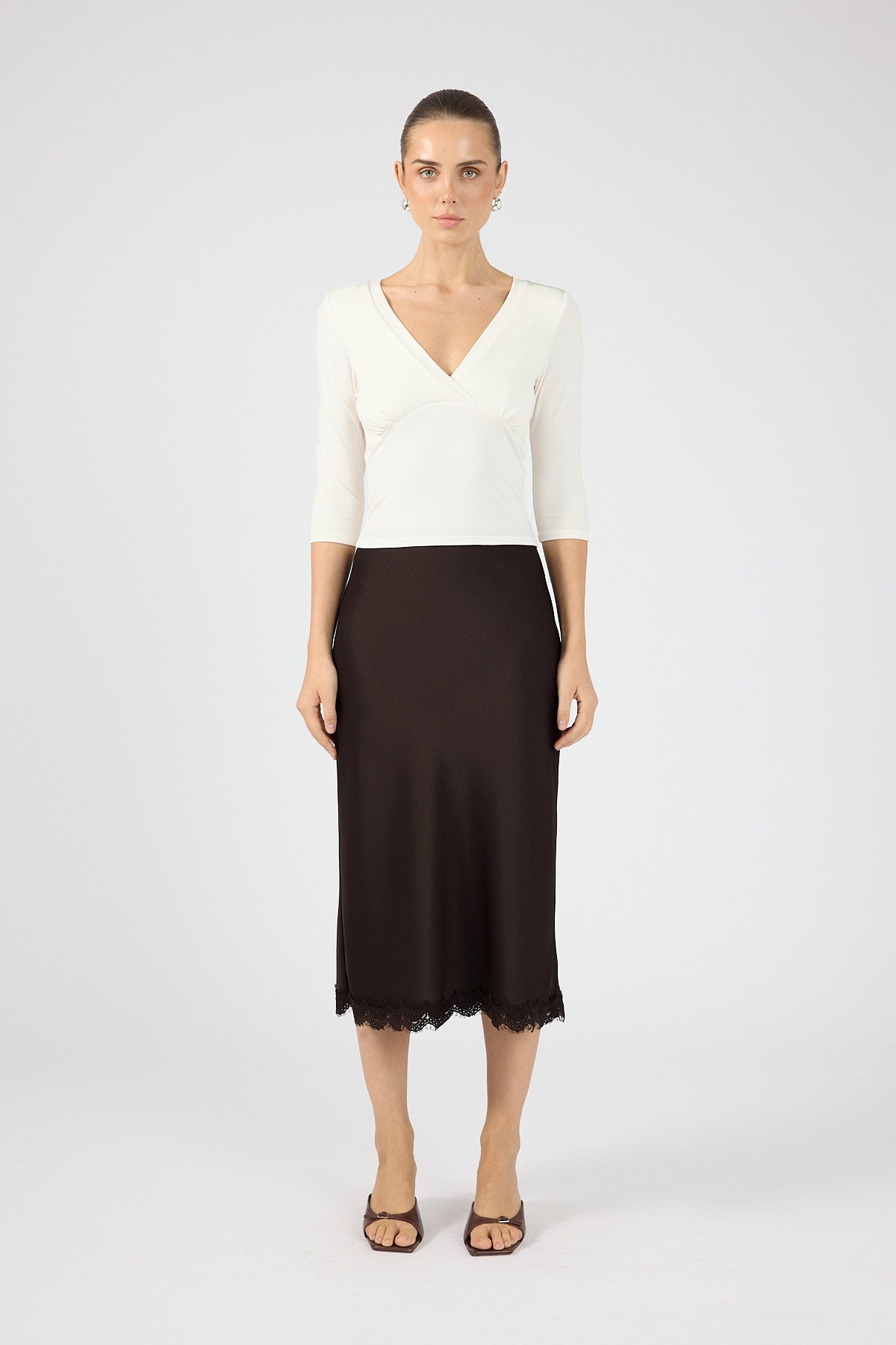 Perfect Stranger Evoke Satin Lace Midi Skirt Brown