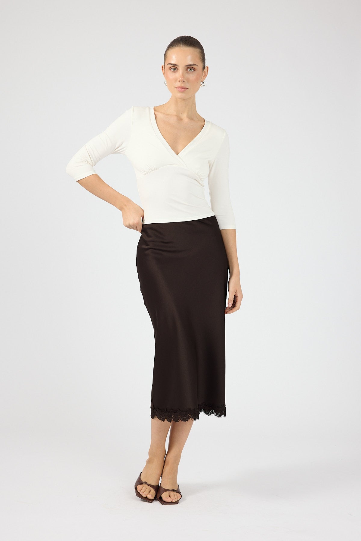 Perfect Stranger Evoke Satin Lace Midi Skirt Brown