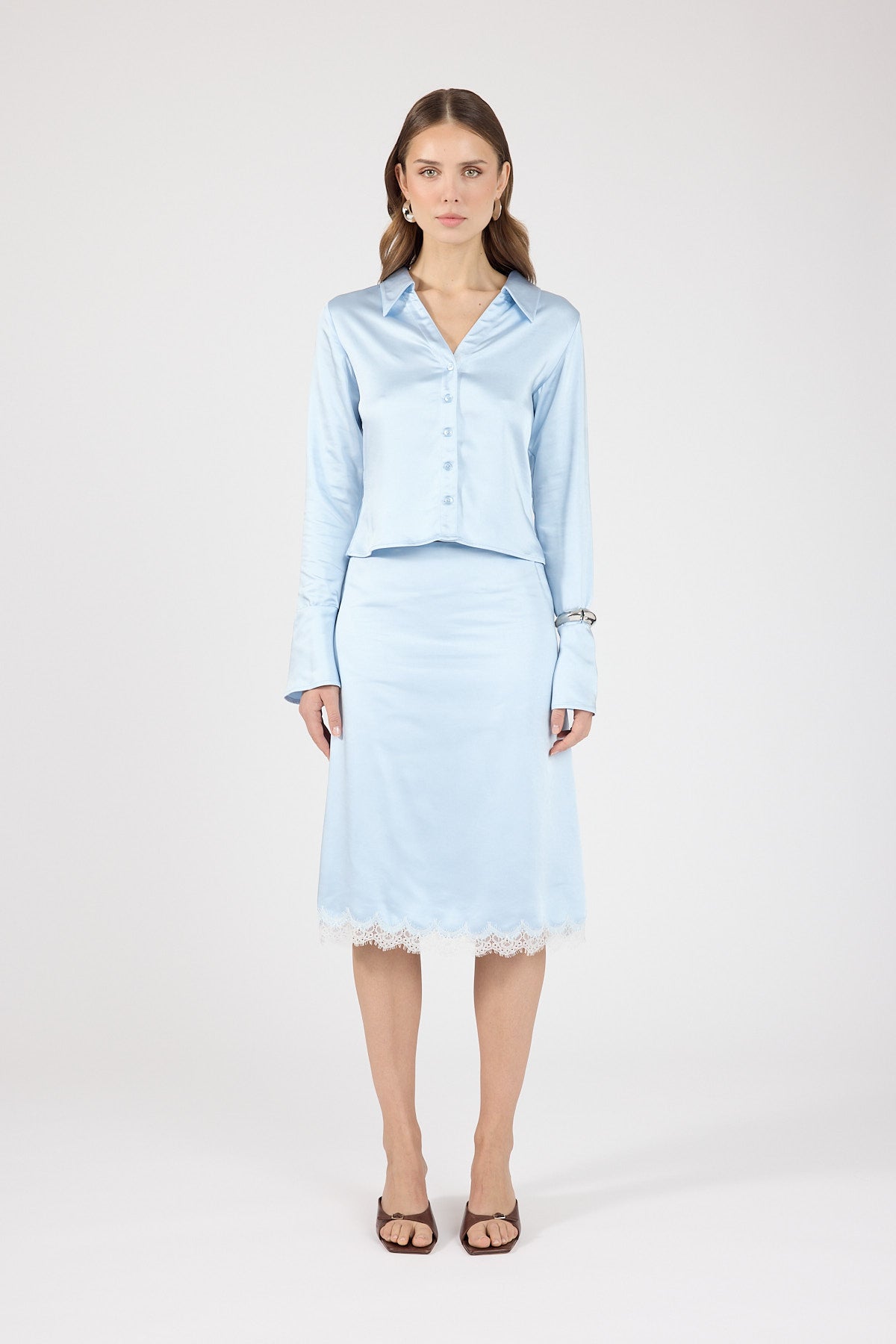 Perfect Stranger Matilda Satin Lace Midi Skirt Blue/White