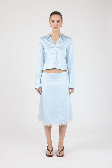Perfect Stranger Matilda Satin Lace Midi Skirt Blue/White