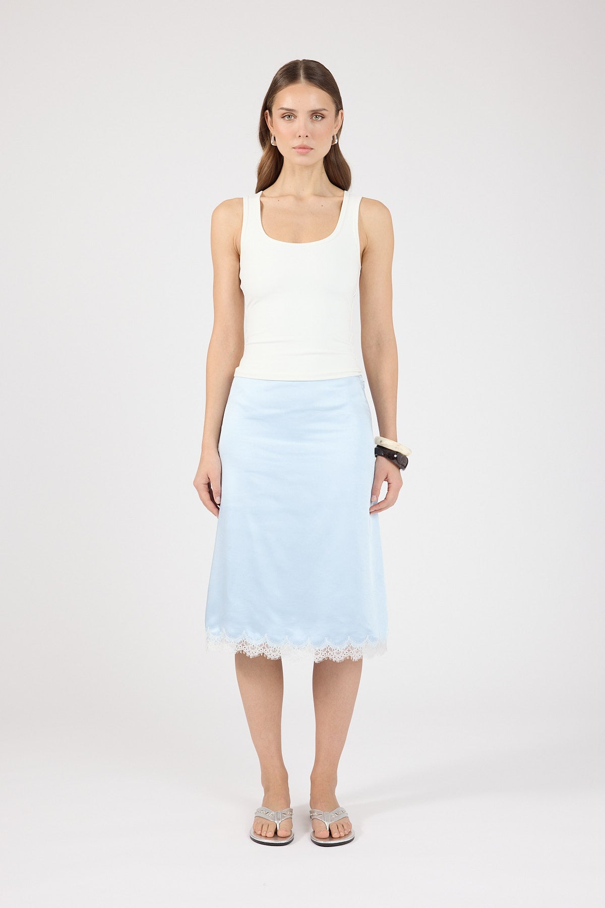 Perfect Stranger Matilda Satin Lace Midi Skirt Blue/White