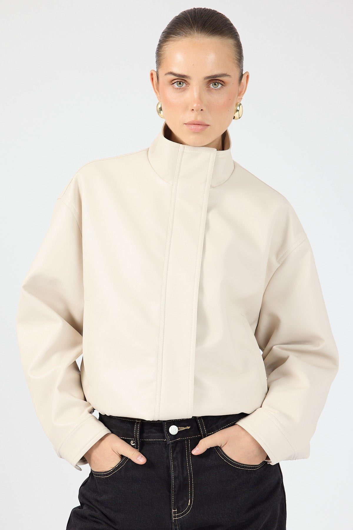 Perfect Stranger Leo Funnel Neck PU Bomber Jacket Stone
