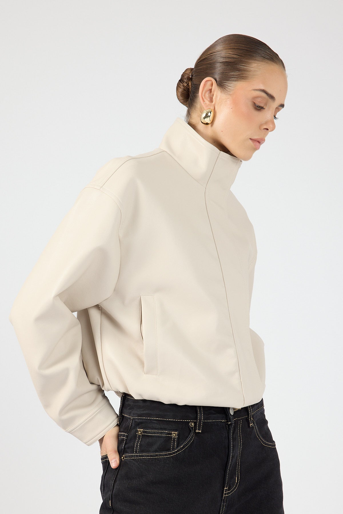 Perfect Stranger Leo Funnel Neck PU Bomber Jacket Stone