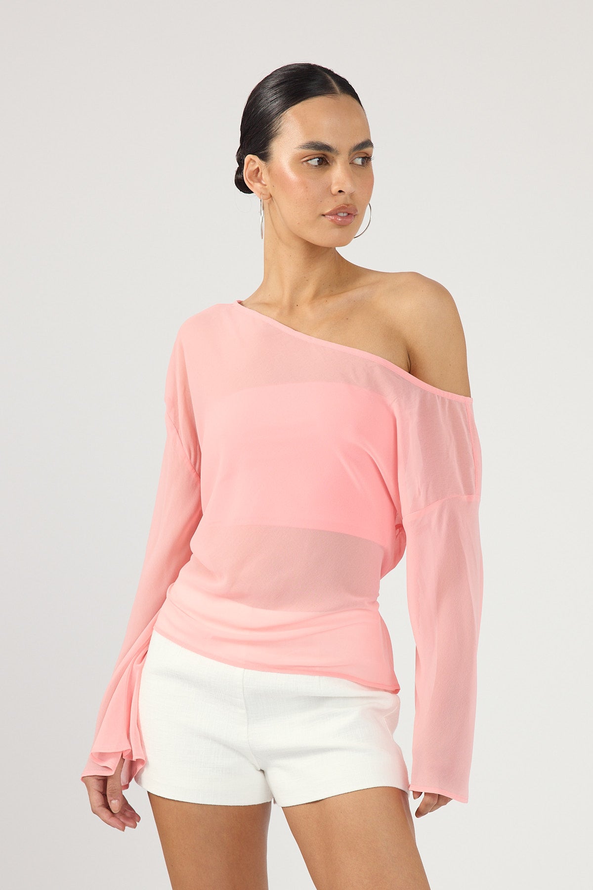 Perfect Stranger Cannes Sheer Long Sleeve Top Coral