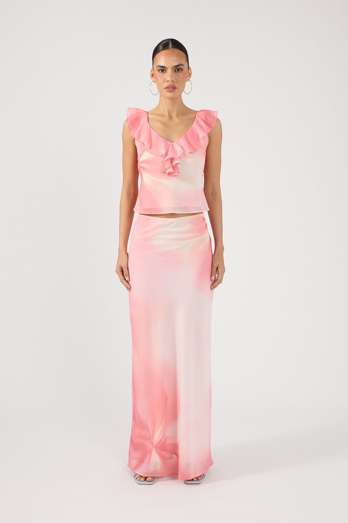 Perfect Stranger Jolette Ruffle Top Coral Print