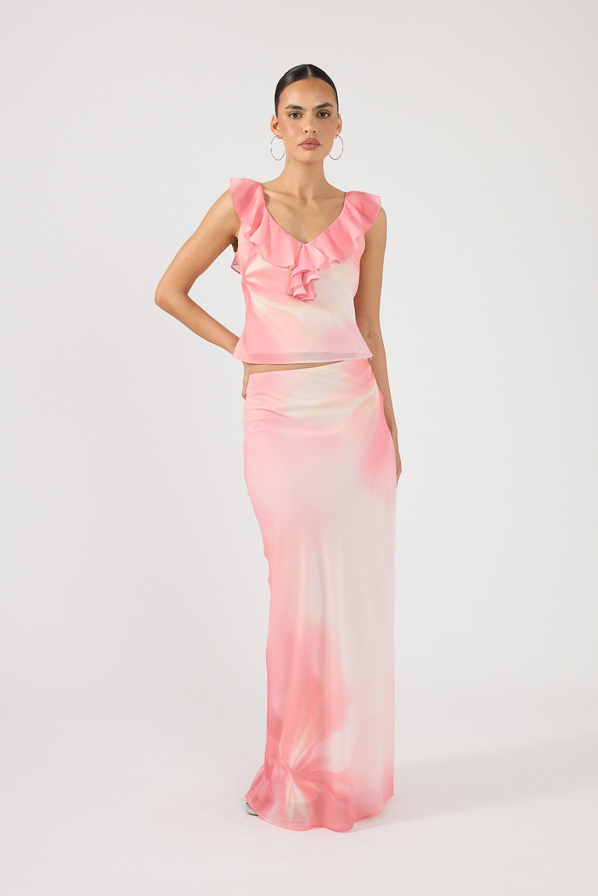 Perfect Stranger Jolette Ruffle Top Coral Print