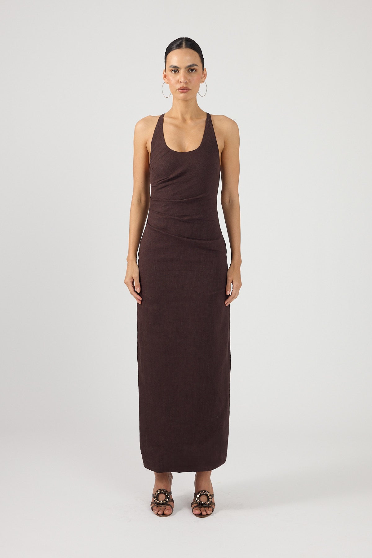 Perfect Stranger Madison Linen Maxi Dress Dark Brown