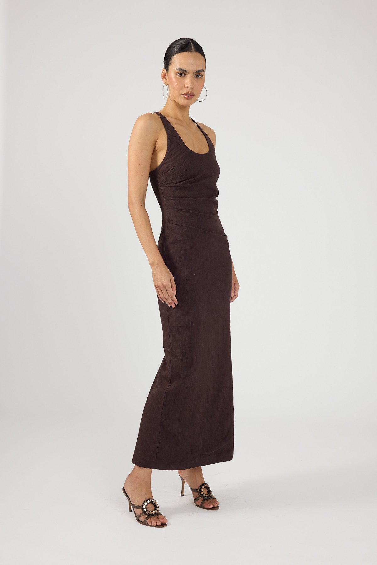 Perfect Stranger Madison Linen Maxi Dress Dark Brown