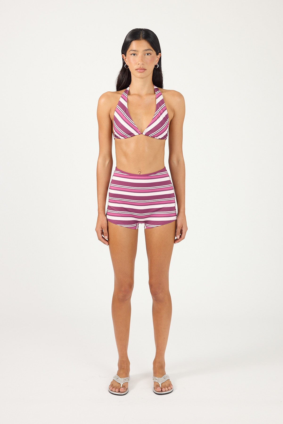 Perfect Stranger Zali High Rise Swim Short Magenta Stripe