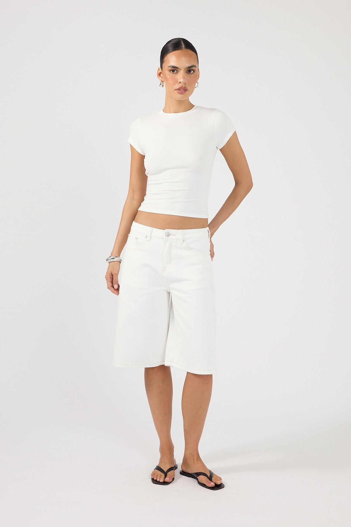 Perfect Stranger Mid Rise Denim Longline Short Off White