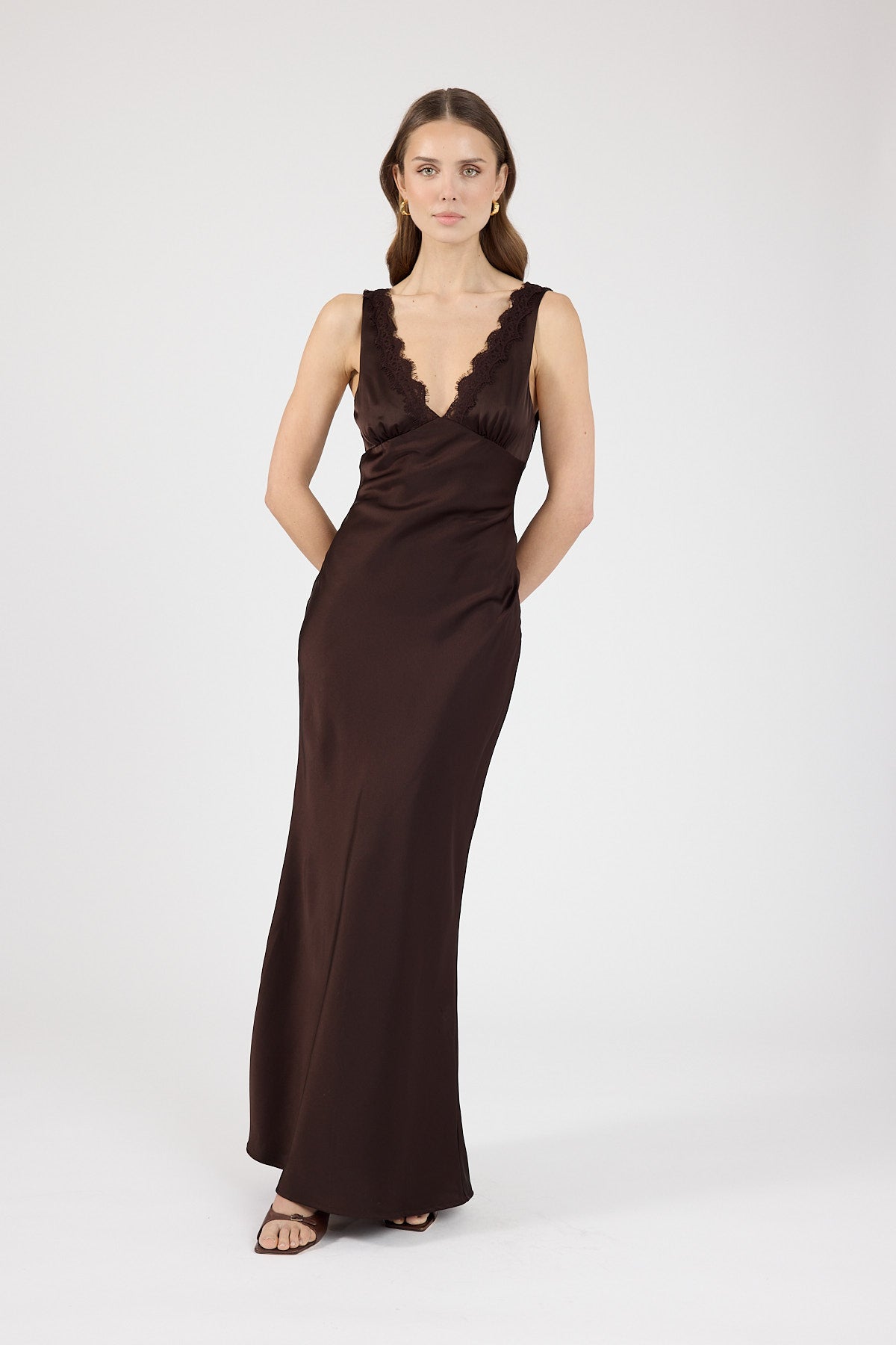 Perfect Stranger Evoke Satin Maxi Dress Brown