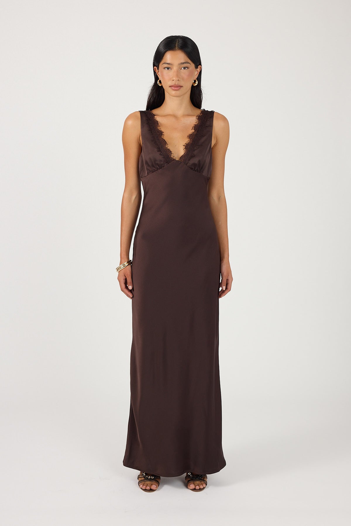 Perfect Stranger Evoke Satin Maxi Dress Brown