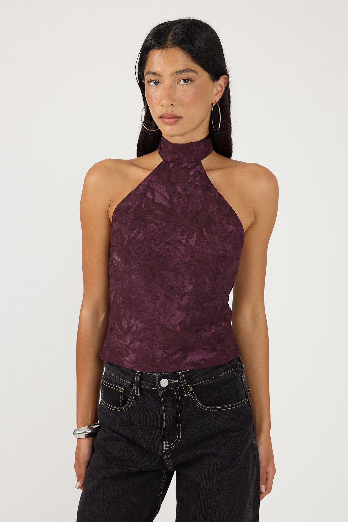 Perfect Stranger Ruelle Jacquard Halter Top Plum