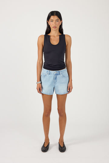 Perfect Stranger Mid Rise Slouch Denim Short Light Blue Denim