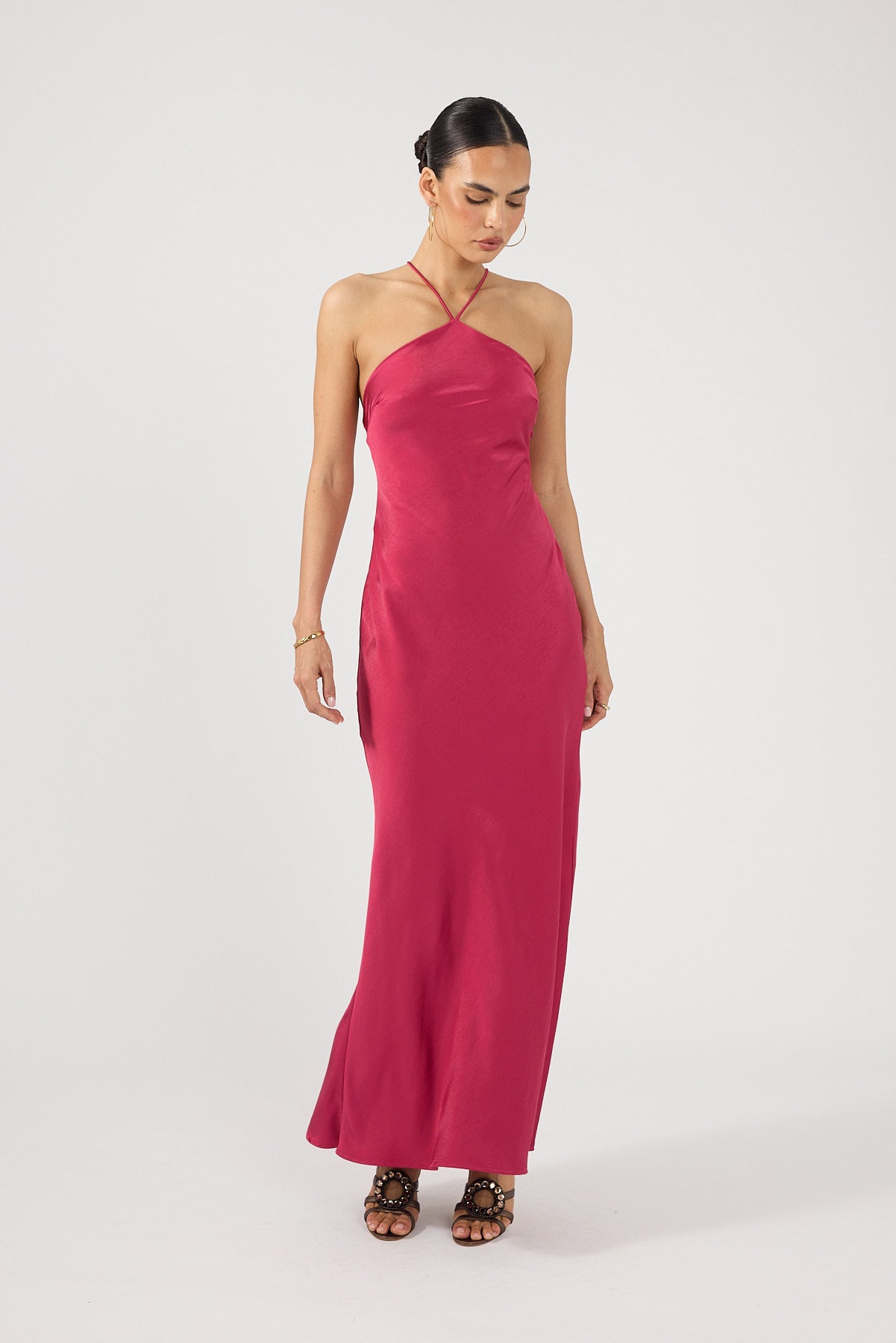 Perfect Stranger Bonnie Satin Maxi Dress Berry Red