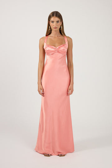 Perfect Stranger Marbella Satin Maxi Dress Coral