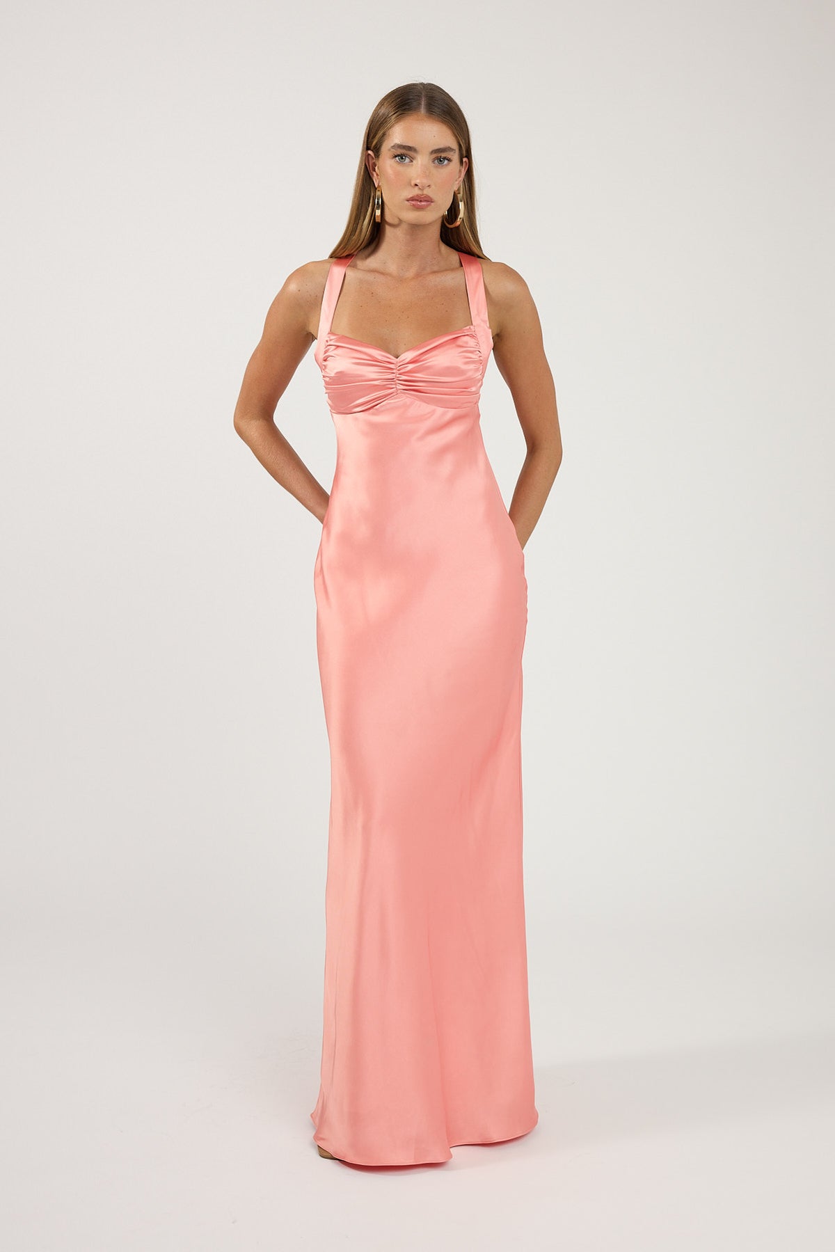 Perfect Stranger Marbella Satin Maxi Dress Coral