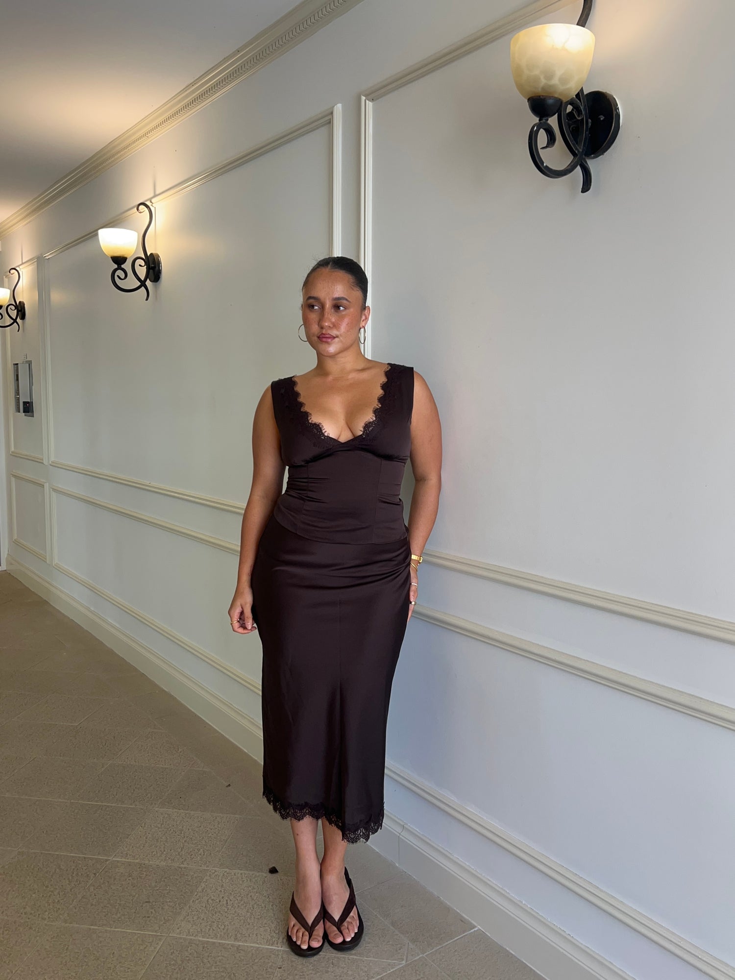 Perfect Stranger Evoke Satin Lace Midi Skirt Brown