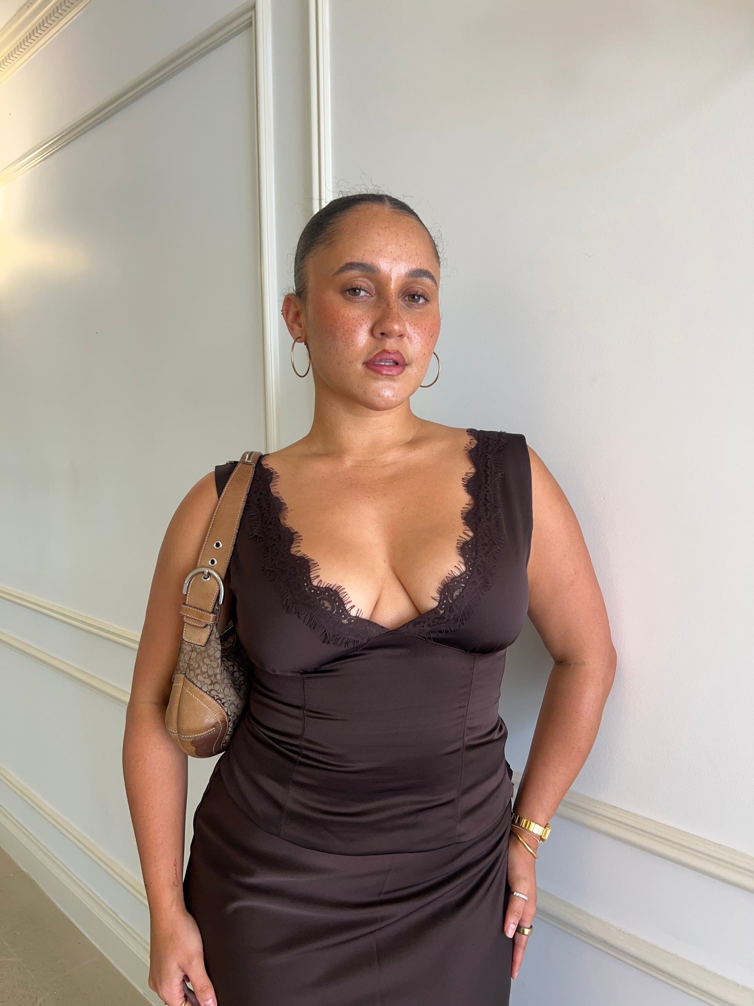 Perfect Stranger Evoke Satin Lace Top Brown